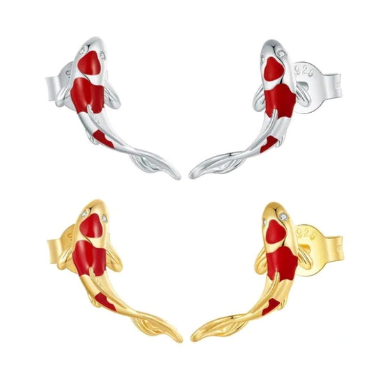 Lucky Koi: 925 Silver Red Stud Earrings