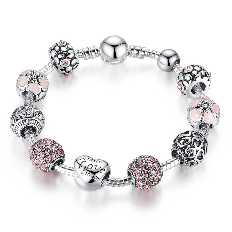 Silver Plated Charm Bracelet with Flower and Love Beads