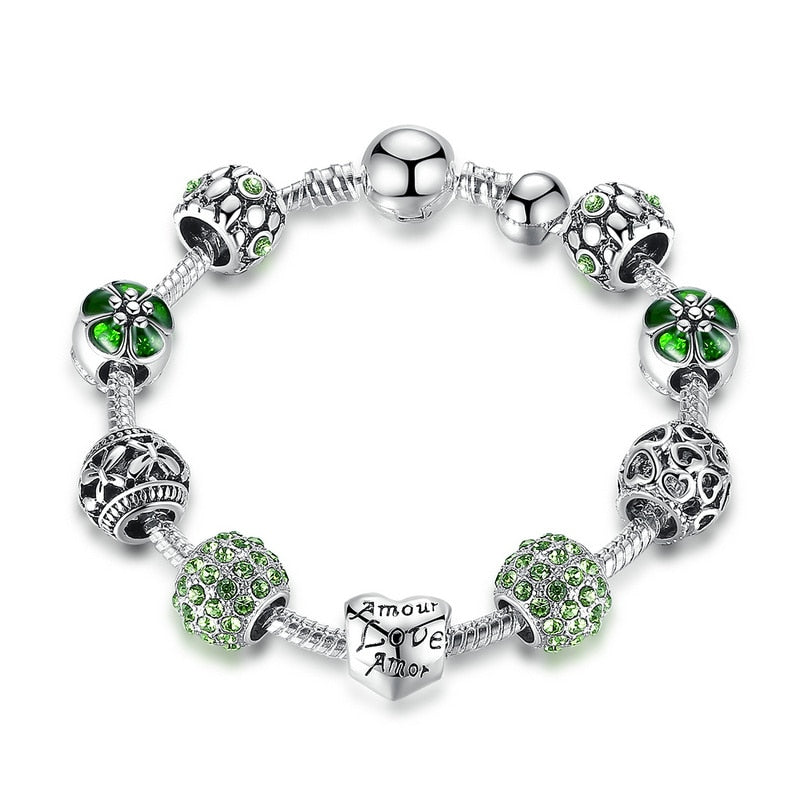 Silver Plated Charm Bracelet with Flower and Love Beads