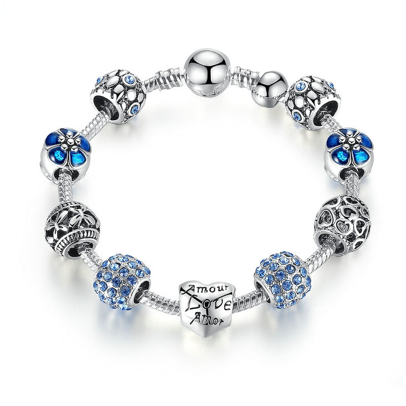 Silver Plated Charm Bracelet with Flower and Love Beads