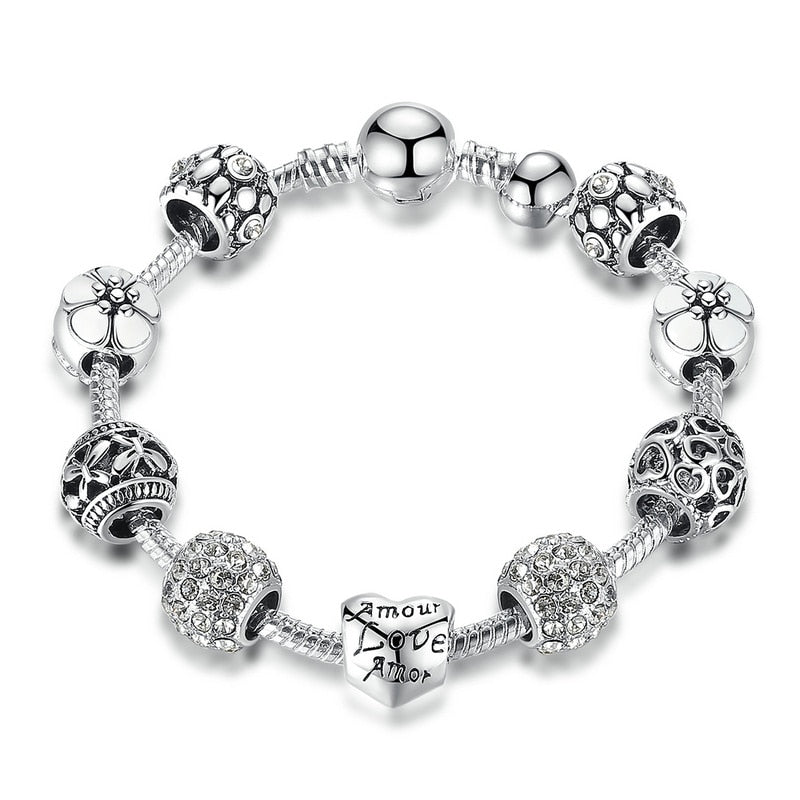 Silver Plated Charm Bracelet with Flower and Love Beads