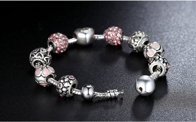 Silver Plated Charm Bracelet with Flower and Love Beads