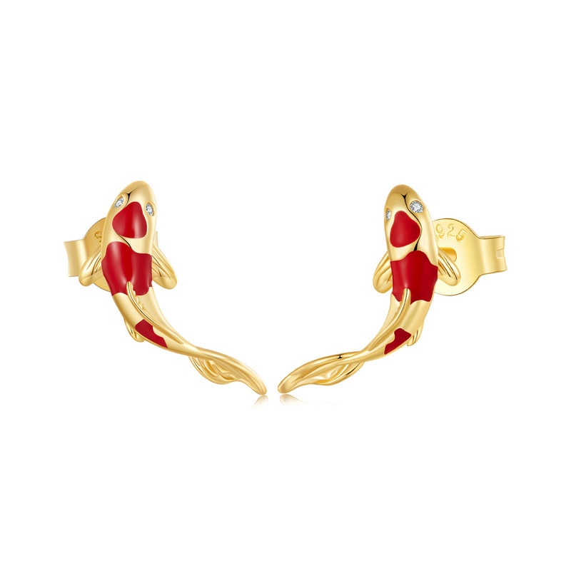 Lucky Koi: 925 Silver Red Stud Earrings