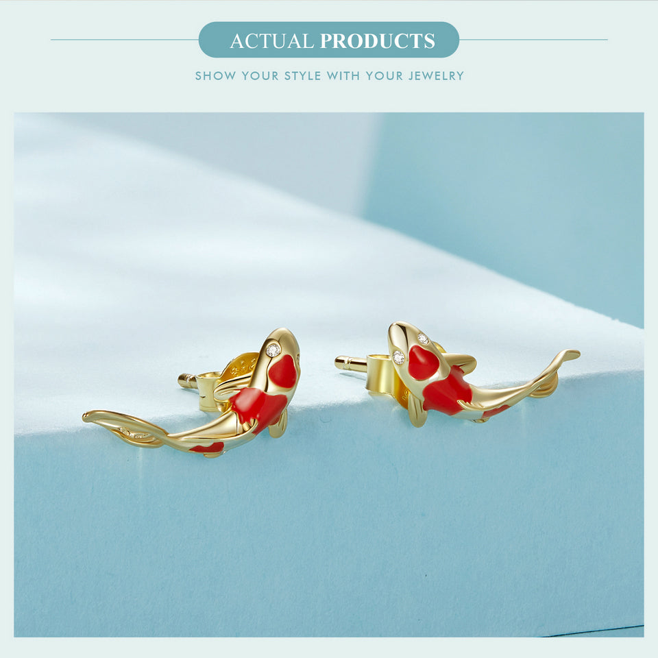 Lucky Koi: 925 Silver Red Stud Earrings