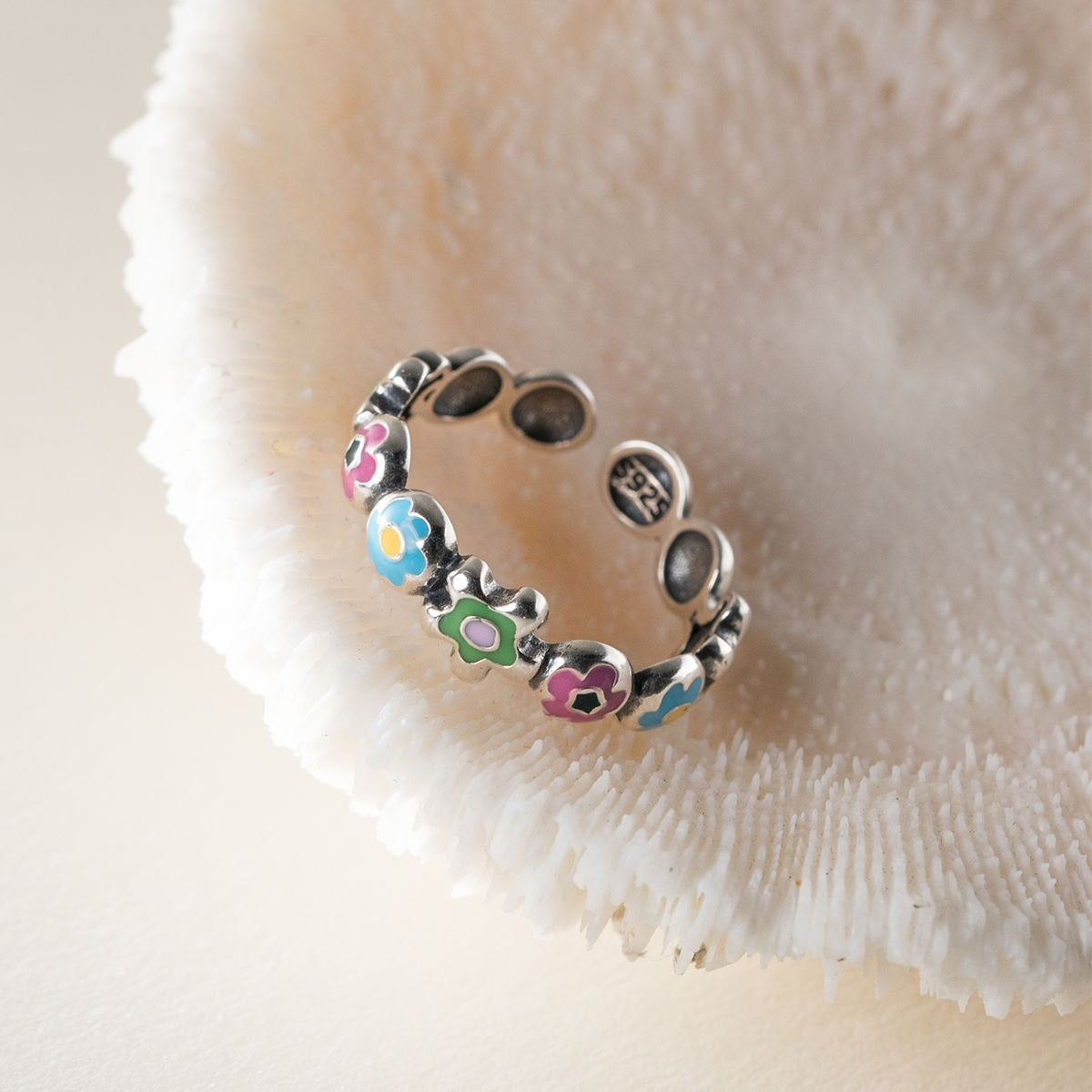 Minimalistic Colorful Flower Ring - 925 Sterling Silver