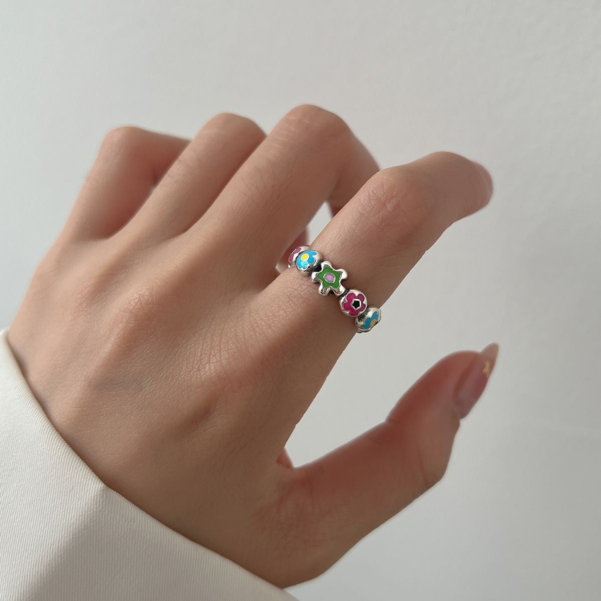 Minimalistic Colorful Flower Ring - 925 Sterling Silver